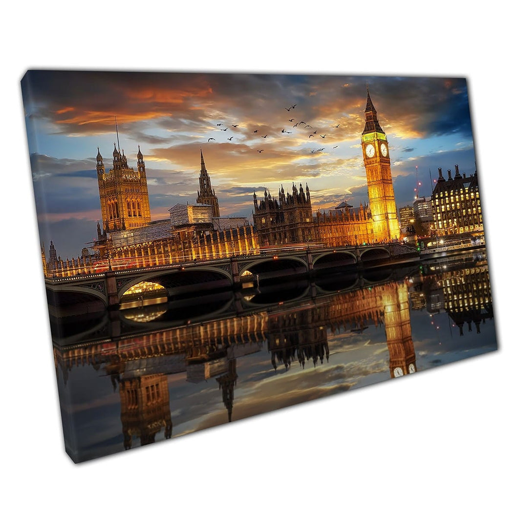 The Westminster Palace Big Ben Reflecting In The River Thames At Sunset London UK Wall Art Print On Canvas Mounted Canvas print