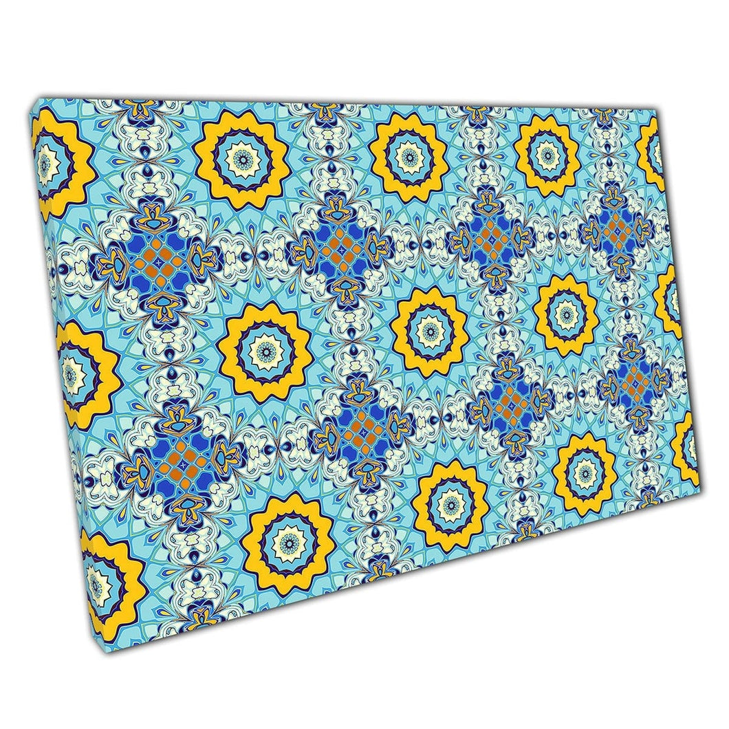 Abstract Ornamental Blue Yellow Art Deco Inspired Mosaic Style Wall Art Print On Canvas Mounted Canvas print