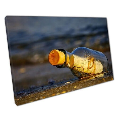Print on Canvas Mystery Message in a Bottle on a Beach Ready to Hang Wall Art Print Mounted Canvas print