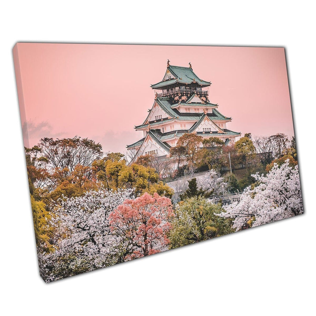 Osaka Castle At Sunset During Sakura Season Japanese Temple Cherry Blossom Trees Wall Art Print On Canvas Mounted Canvas print
