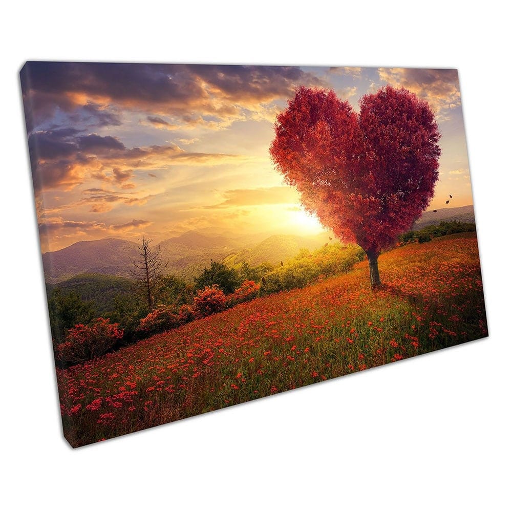 Red heart shaped tree BEAUTIFUL sunset landscape Ready to Hang Canvas Wall Art Print Mounted Canvas print