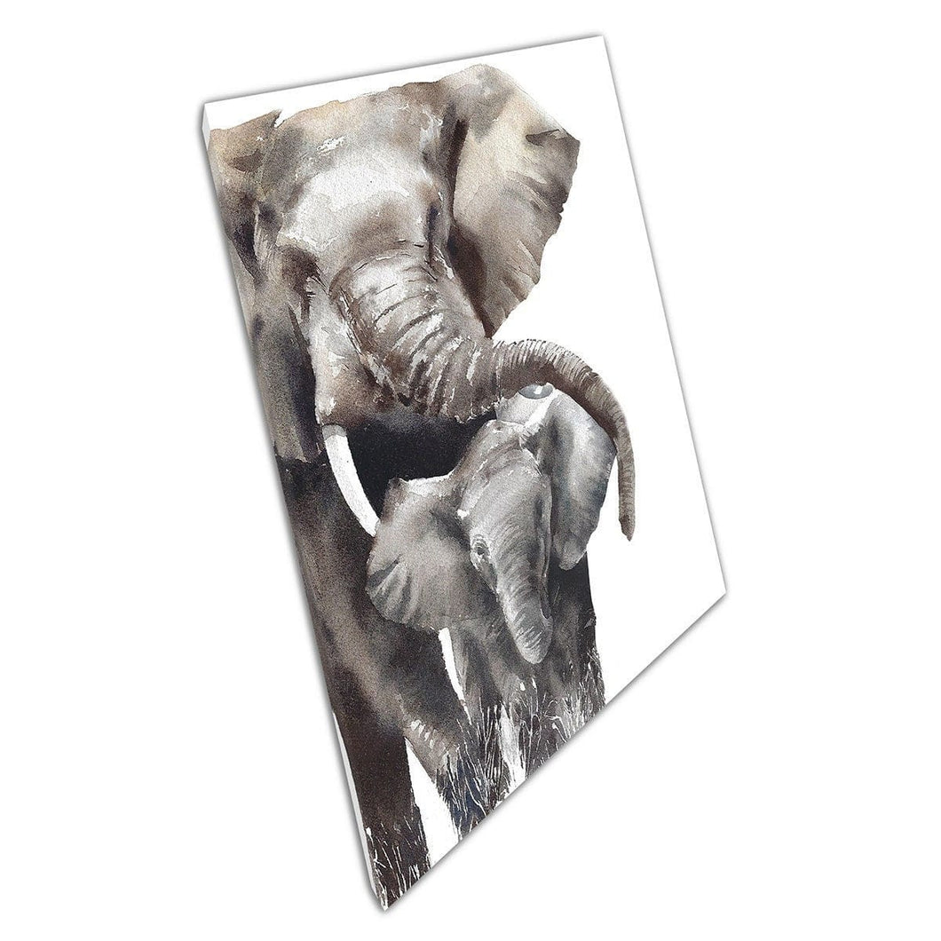 Elephant Mother And Baby Safari Animal Watercolour Painting Illustration Wall Art Print On Canvas Mounted Canvas print
