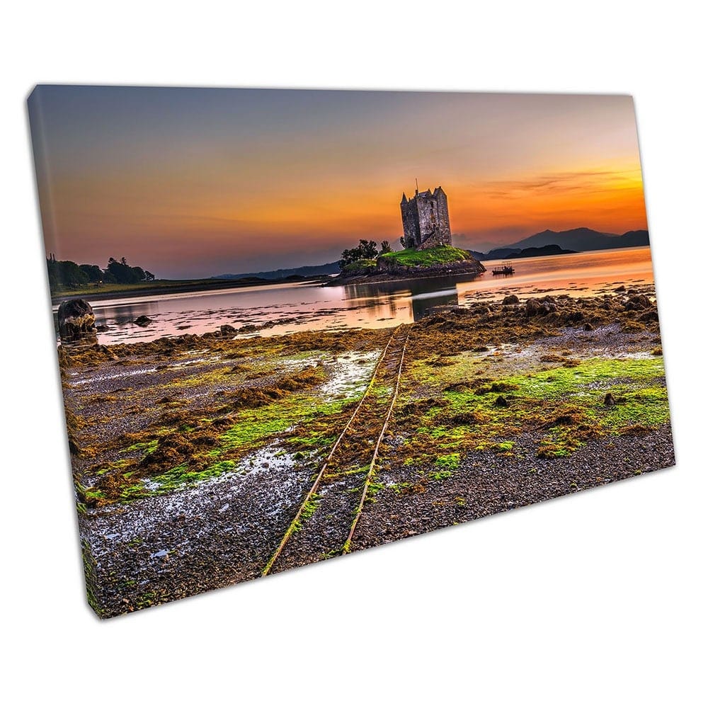 Sunset over Castle Stalker Loch Laich Scotland Landscape Ready to Hang Wall Art Print On Canvas Mounted Canvas print