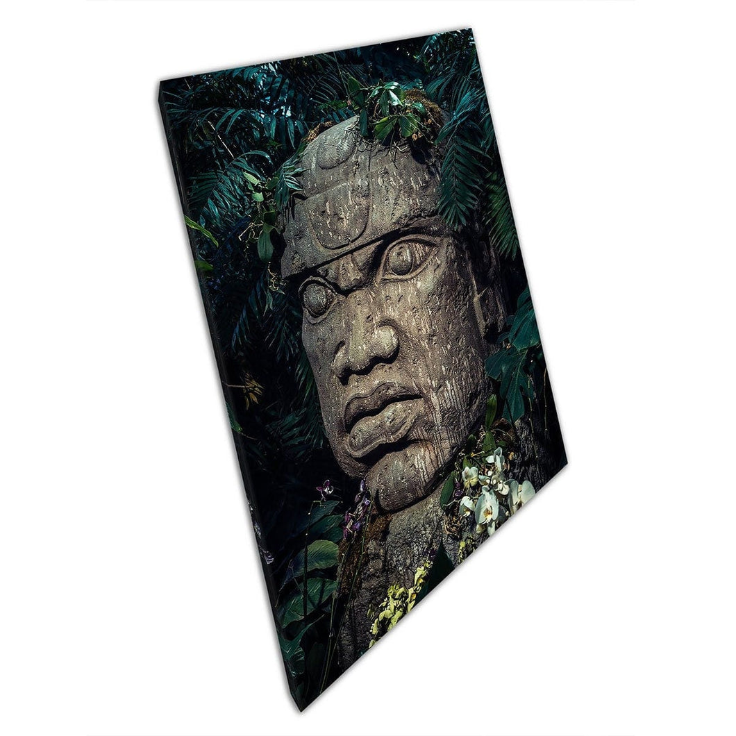 Olmec Stone Carved Sculpture Mayan Symbol In Jungle Environment Wall Art Print On Canvas Mounted Canvas print