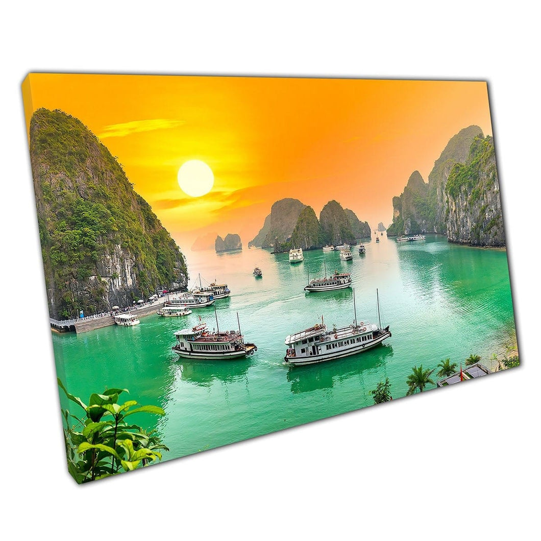 Dreamy Tropical Natural Wonder Sunset Seascape Halong Bay Northern Vietnam Wall Art Print On Canvas Mounted Canvas print