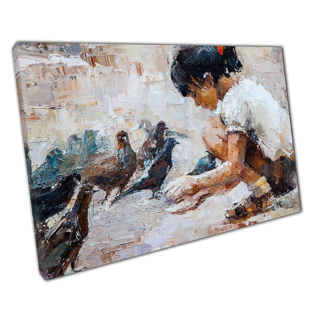 Oil Painting Of Kind Girl Feeding Pigeons Wall Art Print On Canvas Mounted Canvas print