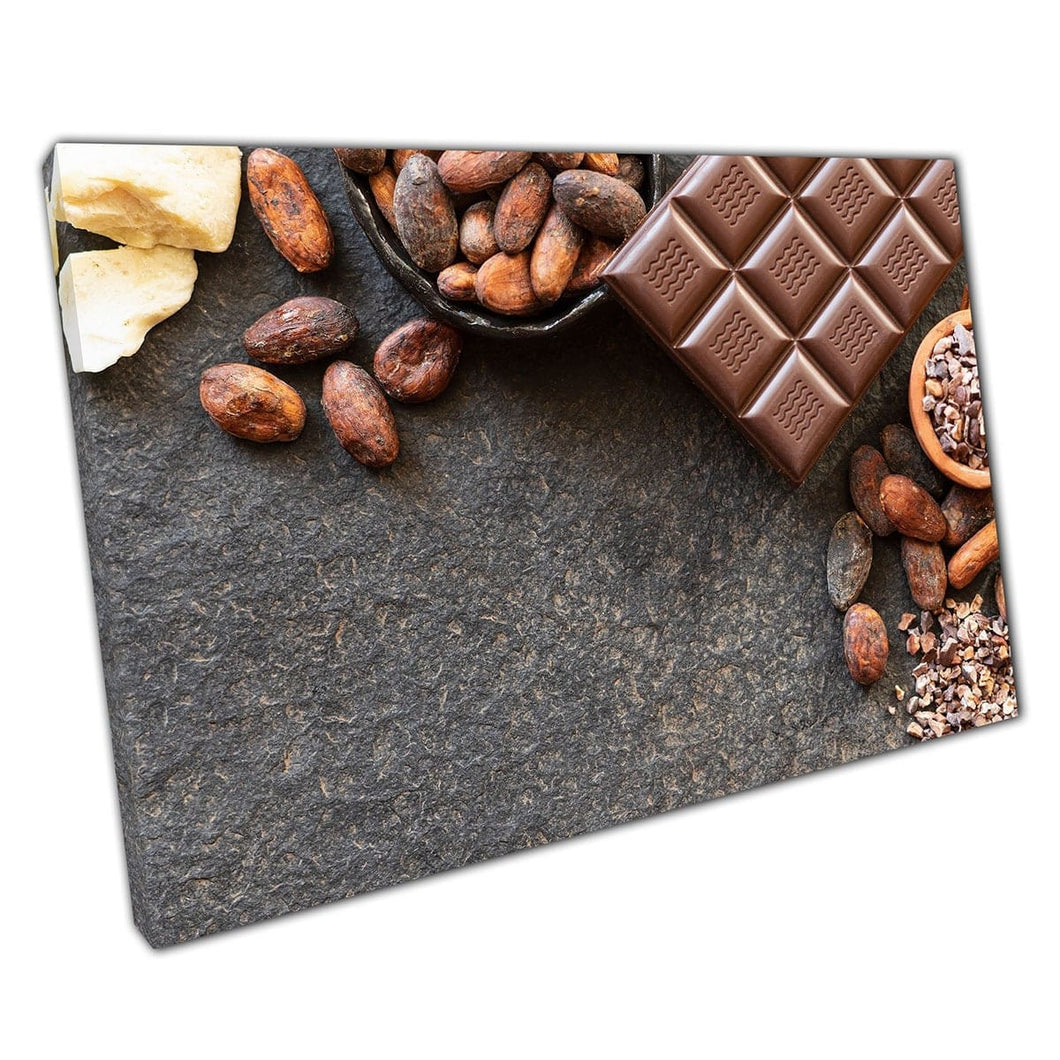 Chocolate Bar Surrounded By Cocoa Beans And Cocoa Butter Raw Ingredients Chocolatier Wall Art Print On Canvas Mounted Canvas print