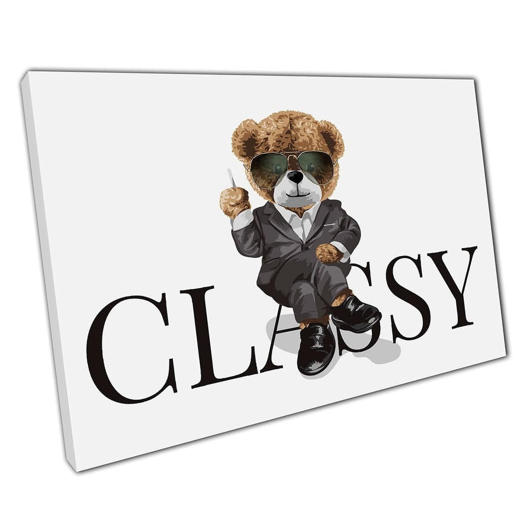 Classy Slogan Illustration High Fashion Chic Teddy Bear Doll In Snazzy Fitted Suit Wall Art Print On Canvas Mounted Canvas print