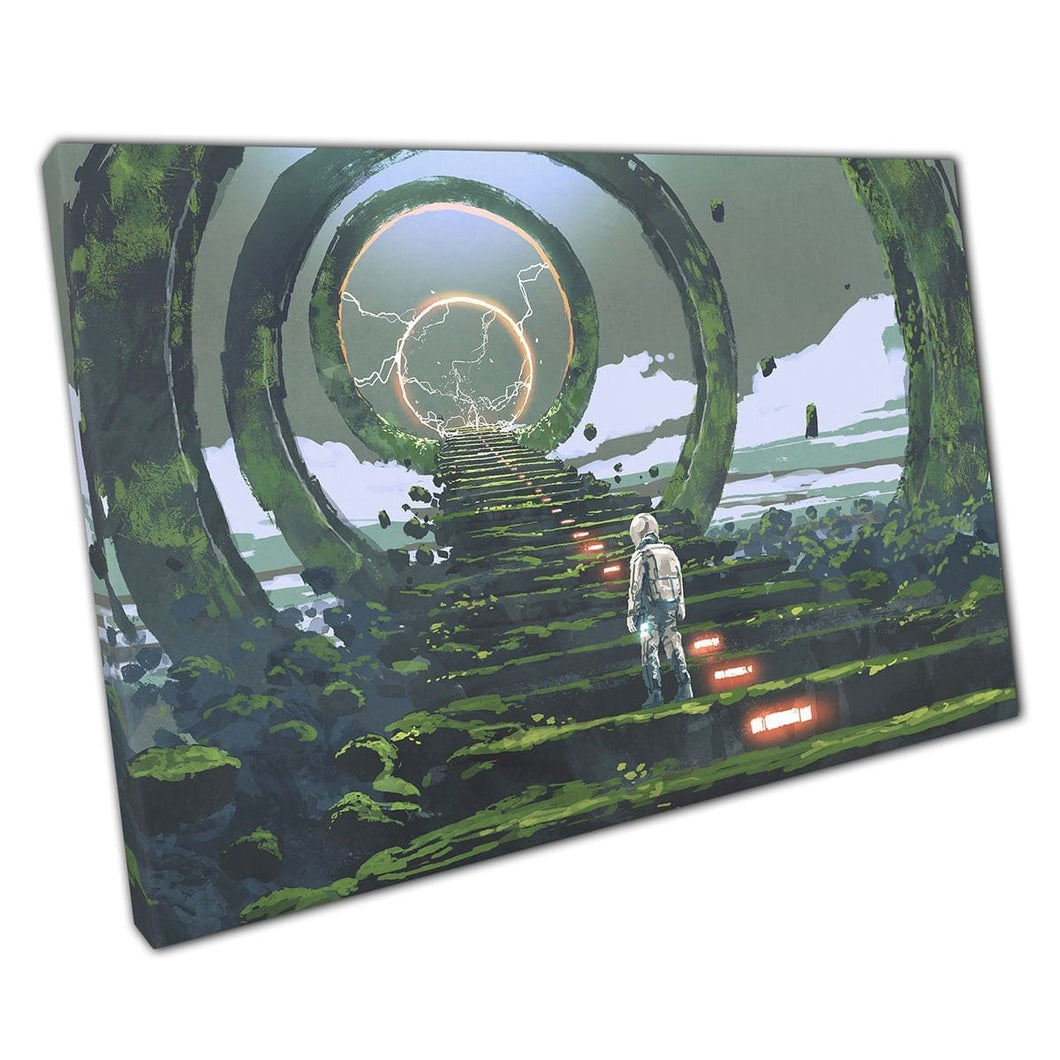 Futuristic Astronaut Looking Towards Sci-Fi Portal At The Top Of Some Stairs Fantasy Wall Art Print On Canvas Mounted Canvas print