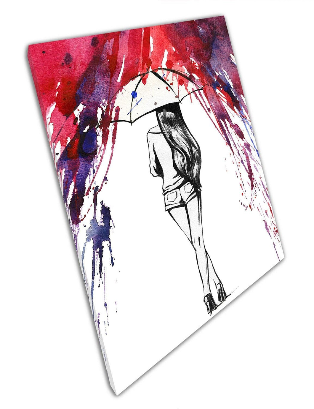 Watercolour Young Lady in Red rain with Umbrella Ready to Hang Canvas Wall Art Print Mounted Canvas print