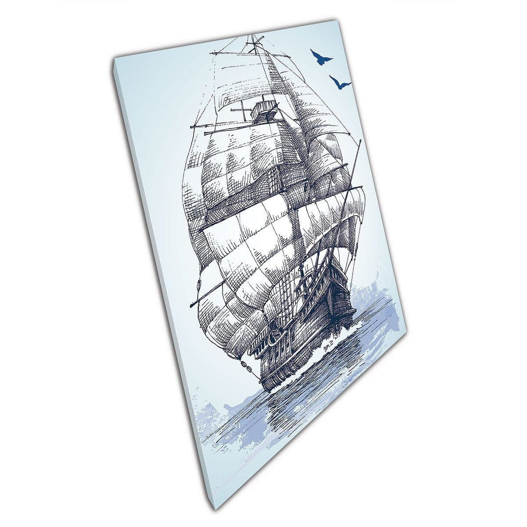 Sketchy Navy Blue Tones Sailing Ship Illustration Wall Art Print On Canvas Mounted Canvas print