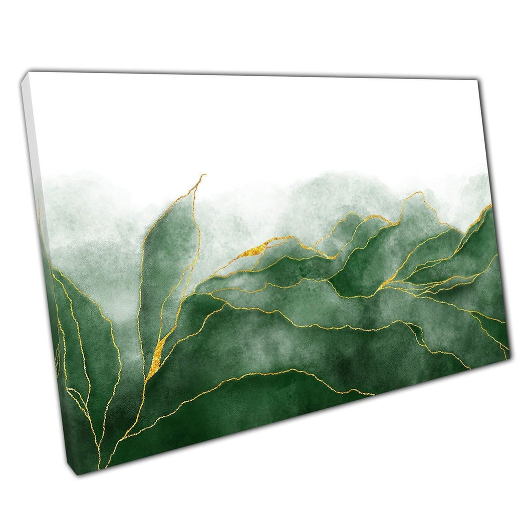 Fluid Green Paint Ink Brush Strokes With Golden Veins Foliage Like Abstract Pattern Wall Art Print On Canvas Mounted Canvas print