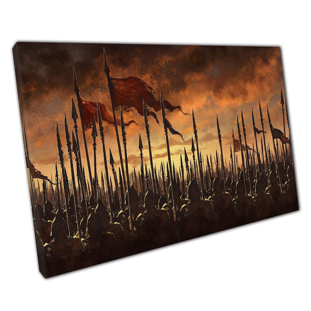 Gathered Soldiers Of Intense Fantasy Medieval Battle Fiery Smoke Filled Sky Artwork Wall Art Print On Canvas Mounted Canvas print
