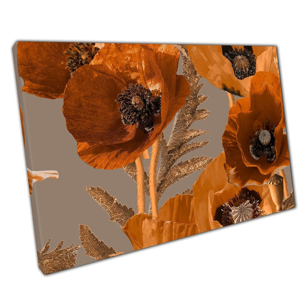 Orange Brown Toned Vintage Floral Poppies Abstract Pattern Seamless Artwork Wall Art Print On Canvas Mounted Canvas print