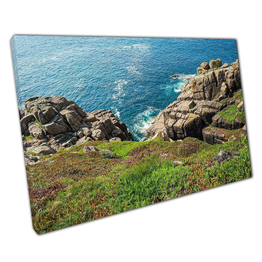 View Of A Scenic Turquoise Ocean Seascape From A Grassy Hilltop In North Cornwall Wall Art Print On Canvas Mounted Canvas print