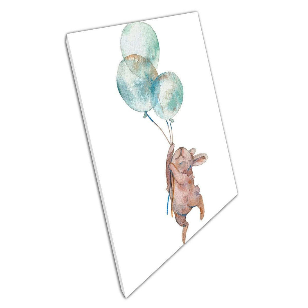 Cute Cartoon Bunny Rabbit Floating With Balloons Kids Room Watercolour Painting Wall Art Print On Canvas Mounted Canvas print