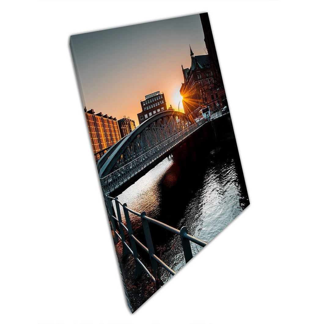 Evening Sunset Walk Down An Empty Urban Street Of Harbour District Hamburg Cityscape Wall Art Print On Canvas Mounted Canvas print