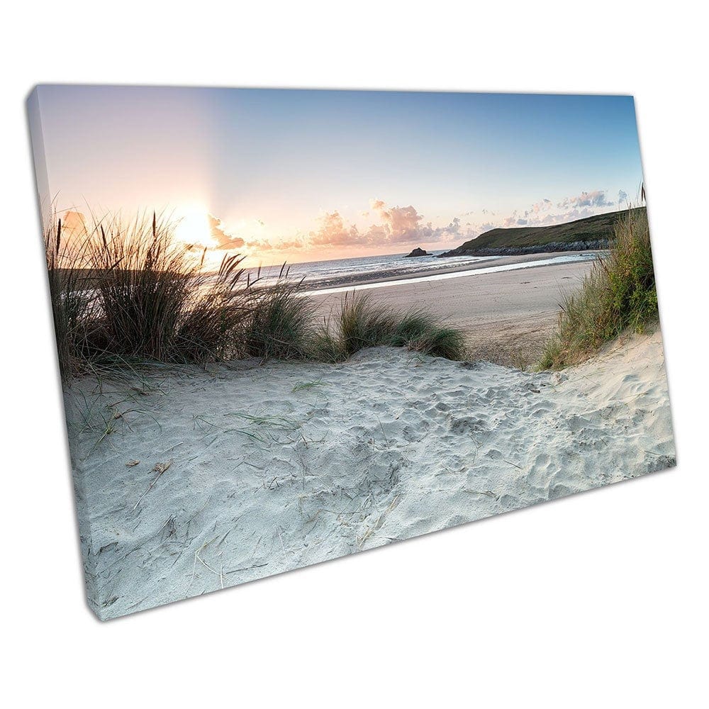 Sunset through the sand dunes at Crantock beach Gannel estuary Canvas Wall Art Print On Canvas Mounted Canvas print