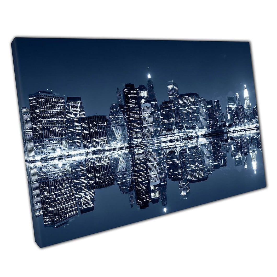 View Of Manhattan From Brooklyn At Night With Water Reflections Canvas Wall Art Print On Canvas Mounted Canvas print
