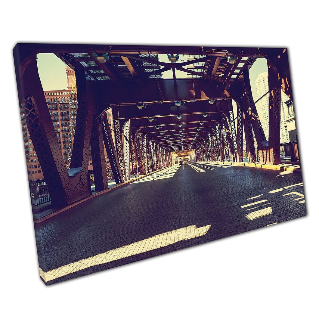 View Of Urban Downtown Cityscape In Chicago From Quiet Bridge Under The Golden Sun Wall Art Print On Canvas Mounted Canvas print
