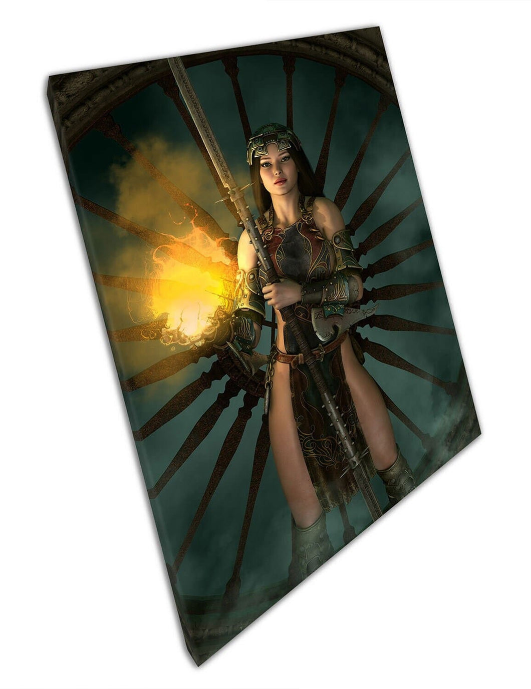 Fantasy Art Lady Warrior with fire ball & long sword Ready to Hang Canvas Wall Art Print Mounted Canvas print