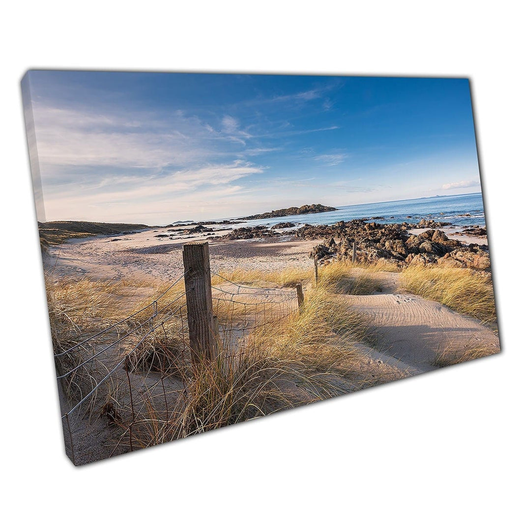 Blue Skies Over The Beautiful Quiet Grassy Sandy Beach Seascape On The Isle Of Iona Wall Art Print On Canvas Mounted Canvas print