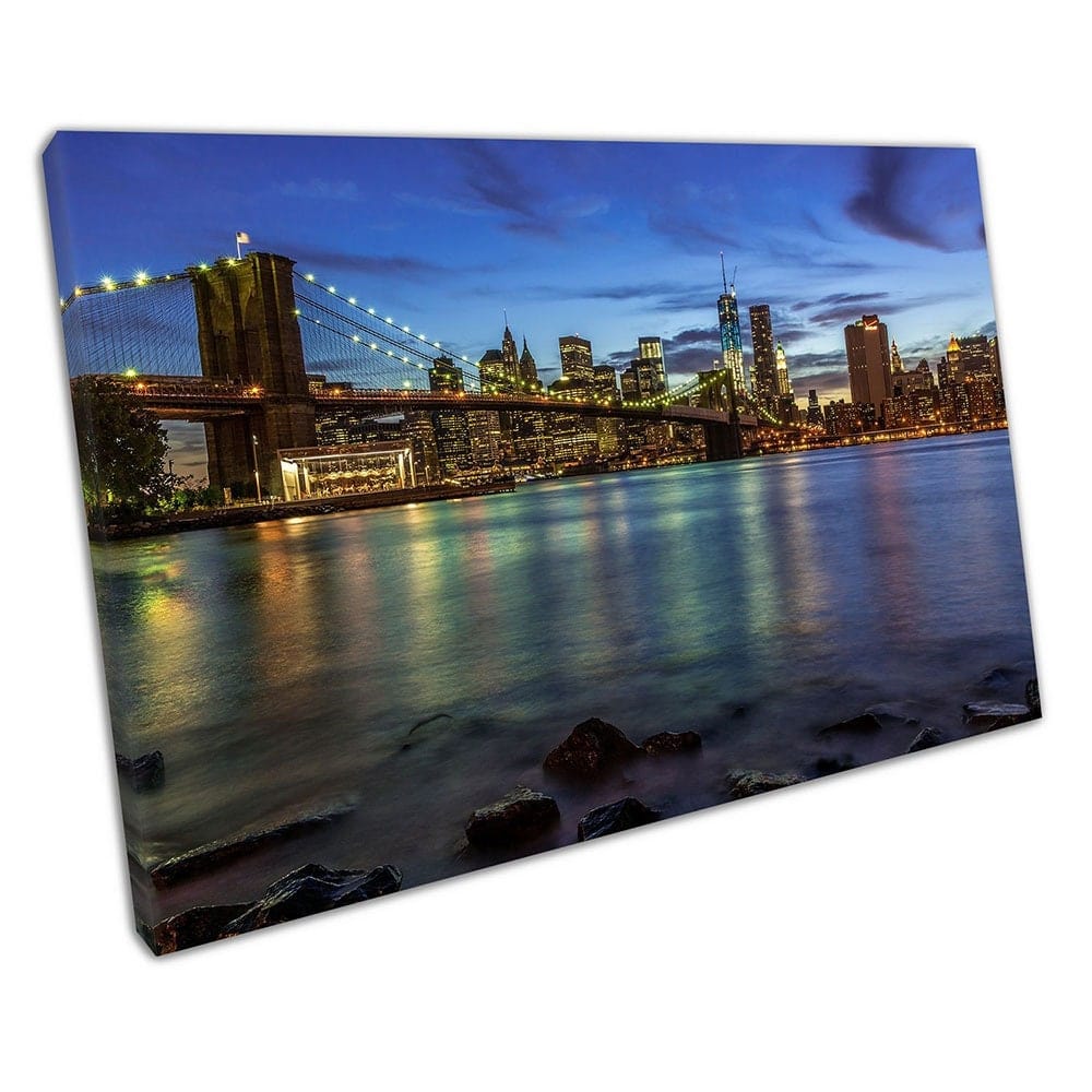 Blue skies over New York City at Sunset with the Brooklyn Bridge Wall Art Print Mounted Canvas print
