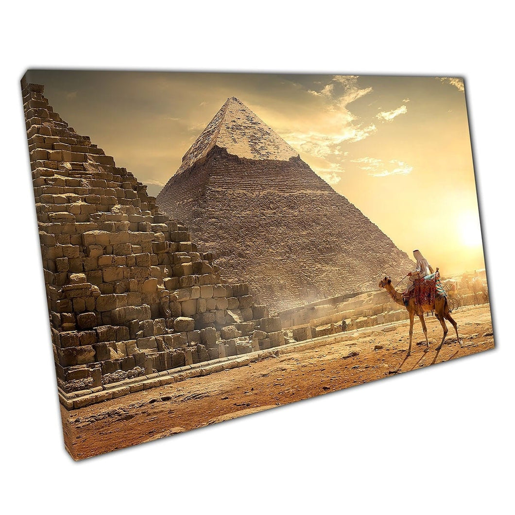 Nomad On Camel Near Pyramids In An Egyptian Desert Wall Art Print On Canvas Mounted Canvas print