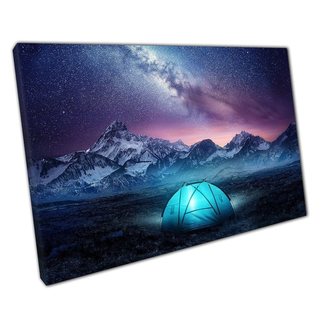 Blue Tent Under The Stunning Milky Way Galaxy Starry Night Mountain Landscape Wall Art Print On Canvas Mounted Canvas print