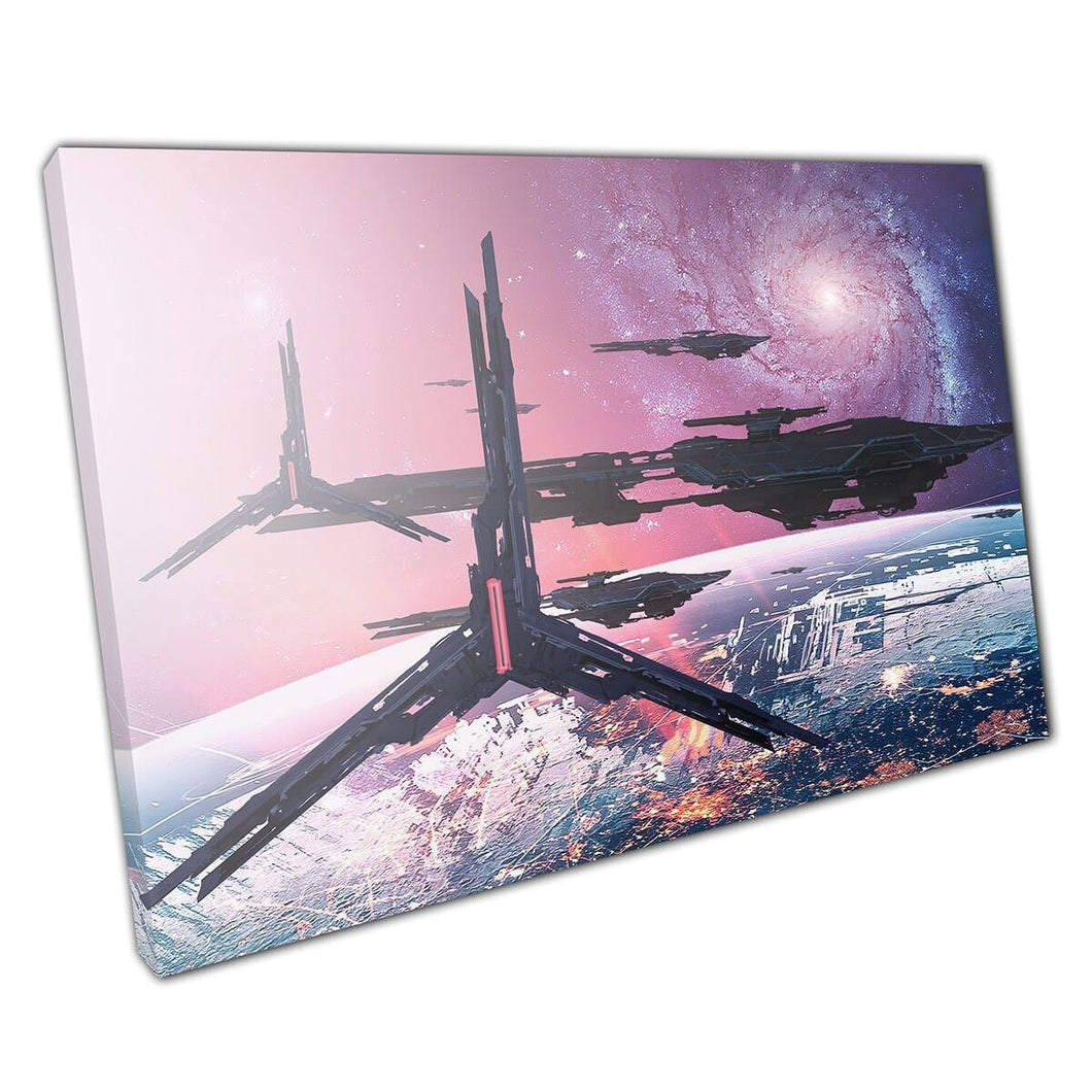 Futuristic Spaceship Spacecraft Over Modern Sci-Fi Planet Fantasy Digital Artwork Wall Art Print On Canvas Mounted Canvas print