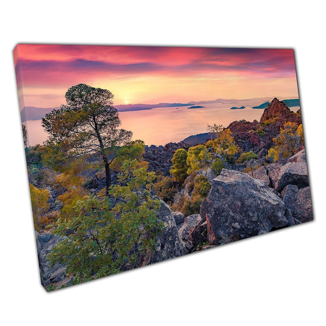 Warm Mediterranean Seascape With Stunning View Of Saronic Islands Methana Volcano Wall Art Print On Canvas Mounted Canvas print