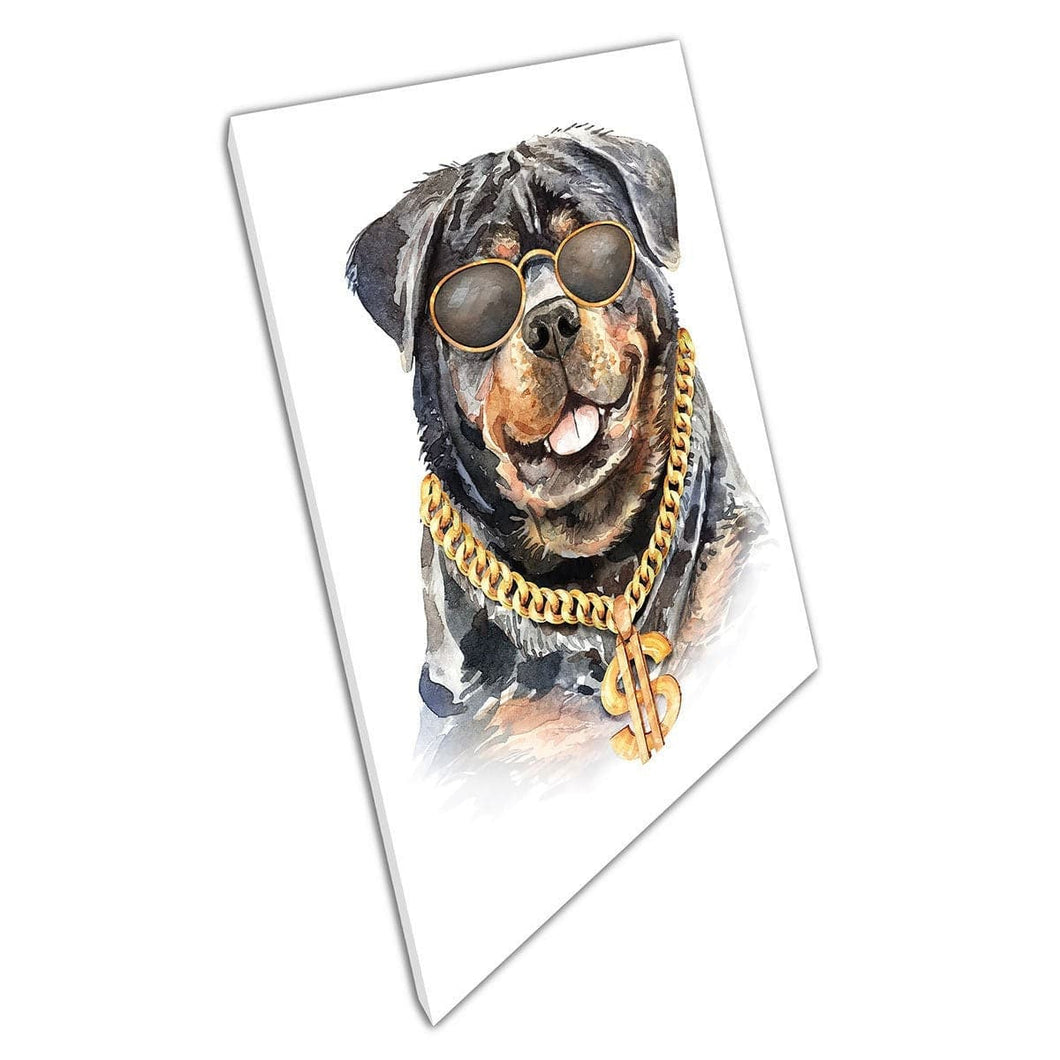 Cool Rottweiler Dog In Gold Dollar Necklace And Gold Glasses Watercolour Illustration Wall Art Print On Canvas Mounted Canvas print