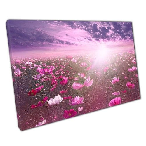 Print on Canvas Pink Wildflowers Purple Skies and Sun Wall Art Print Mounted Canvas print