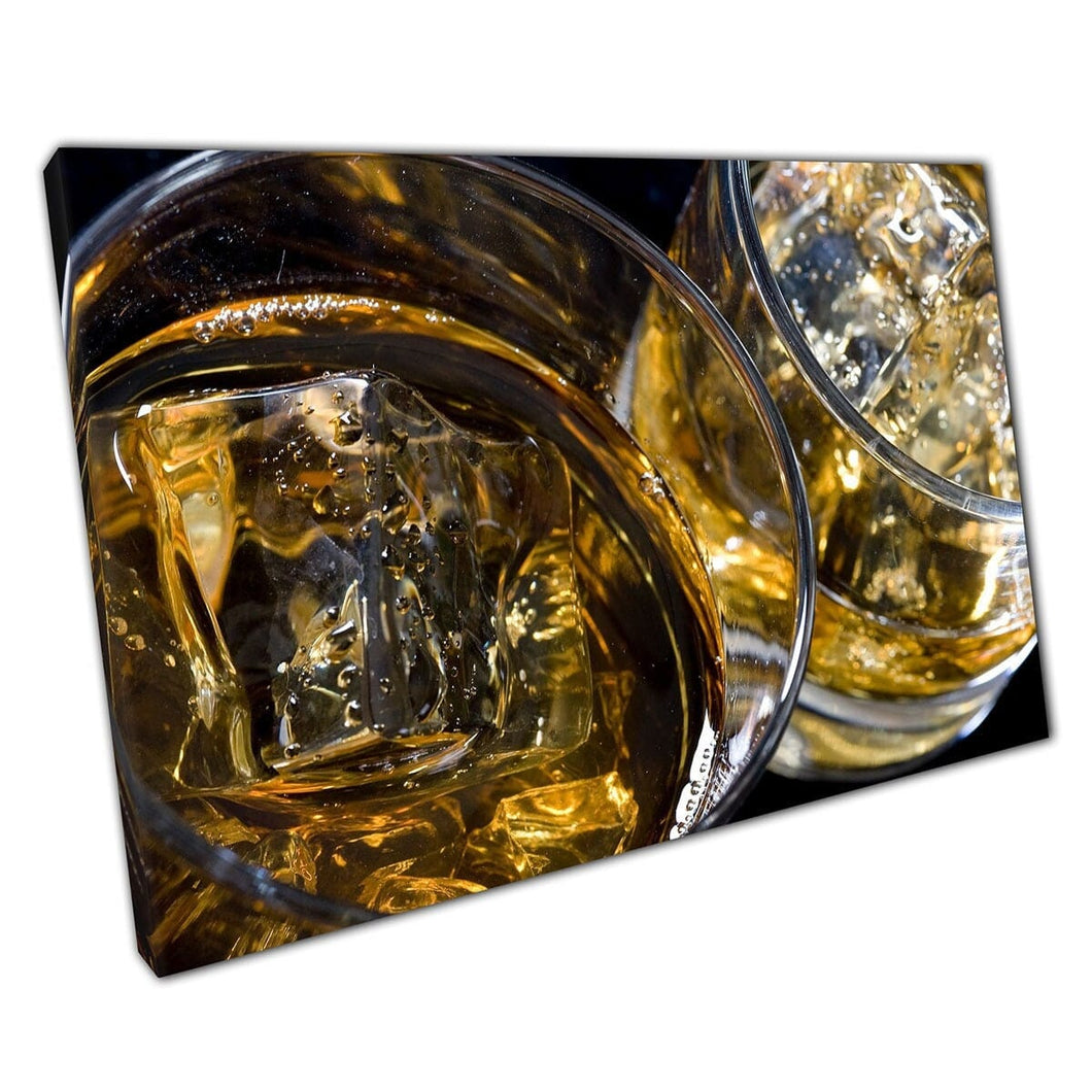 Two Glasses Of Smooth Whisky On The Rocks Alcoholic Drinks Beverages Bar Photography Wall Art Print On Canvas Mounted Canvas print