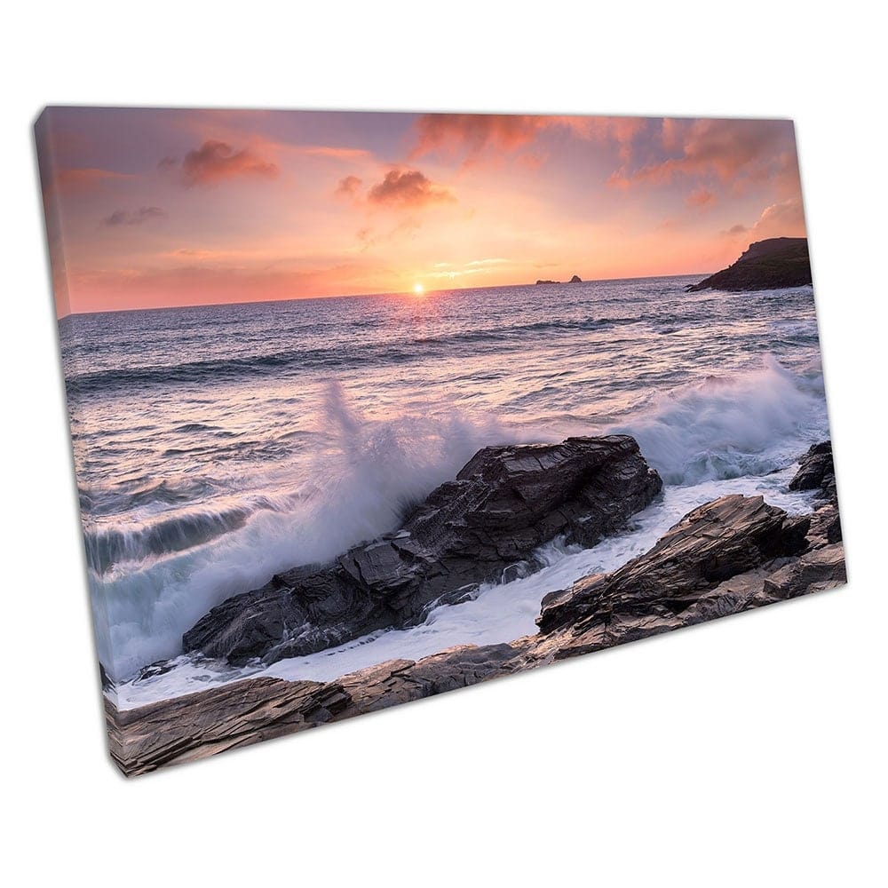 high tide waves Booby's Bay edge of Constantine Bay parish of St Merryn Wall Art Print Mounted Canvas print