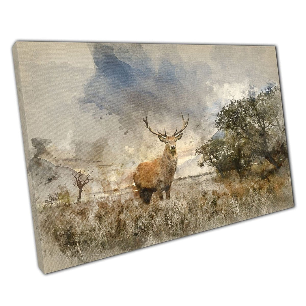 Powerful Red Stag Male Deer Standing In The Countryside Rustic Watercolour Style Wall Art Print On Canvas Mounted Canvas print
