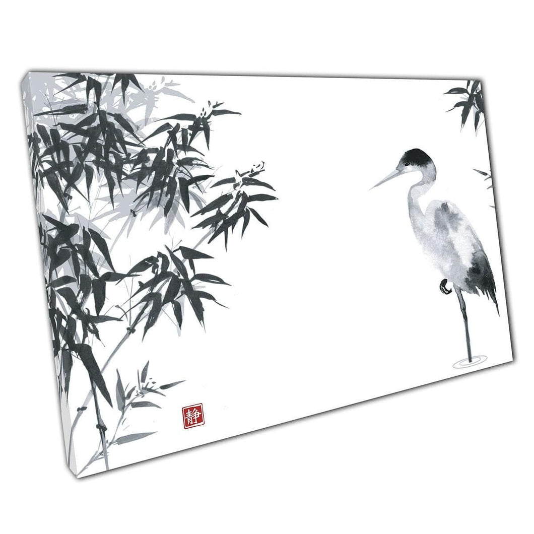 Heron Standing In Water With Bamboo Trees Traditional Oriental Ink Painting Style Wall Art Print On Canvas Mounted Canvas print