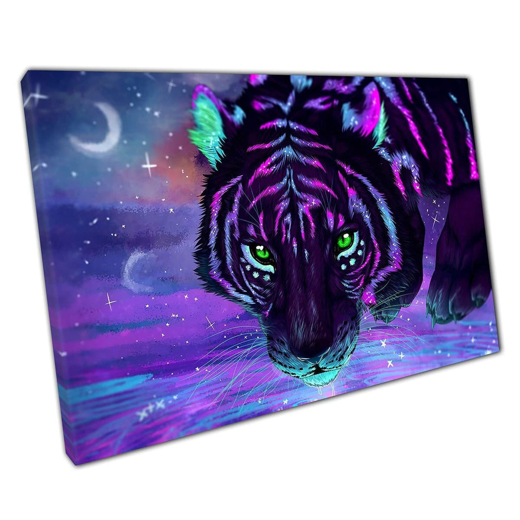 Magical Neon Tiger Drinking From Lake Neon Pinks Blues Greens Digital Fantasy Wall Art Print On Canvas Mounted Canvas print
