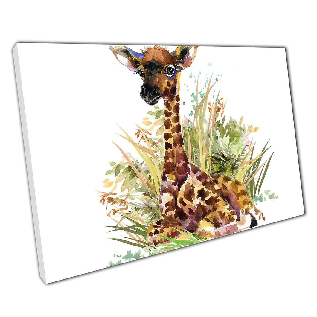 Wild Baby Giraffe Lying Down Resting In Grassy Foliage Watercolour Illustration Wall Art Print On Canvas Mounted Canvas print