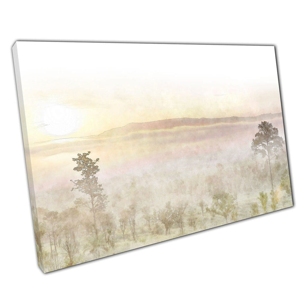 Misty Foggy Forest Woodland Sunrise Natural Neutral Toned Watercolour Painting Style Wall Art Print On Canvas Mounted Canvas print