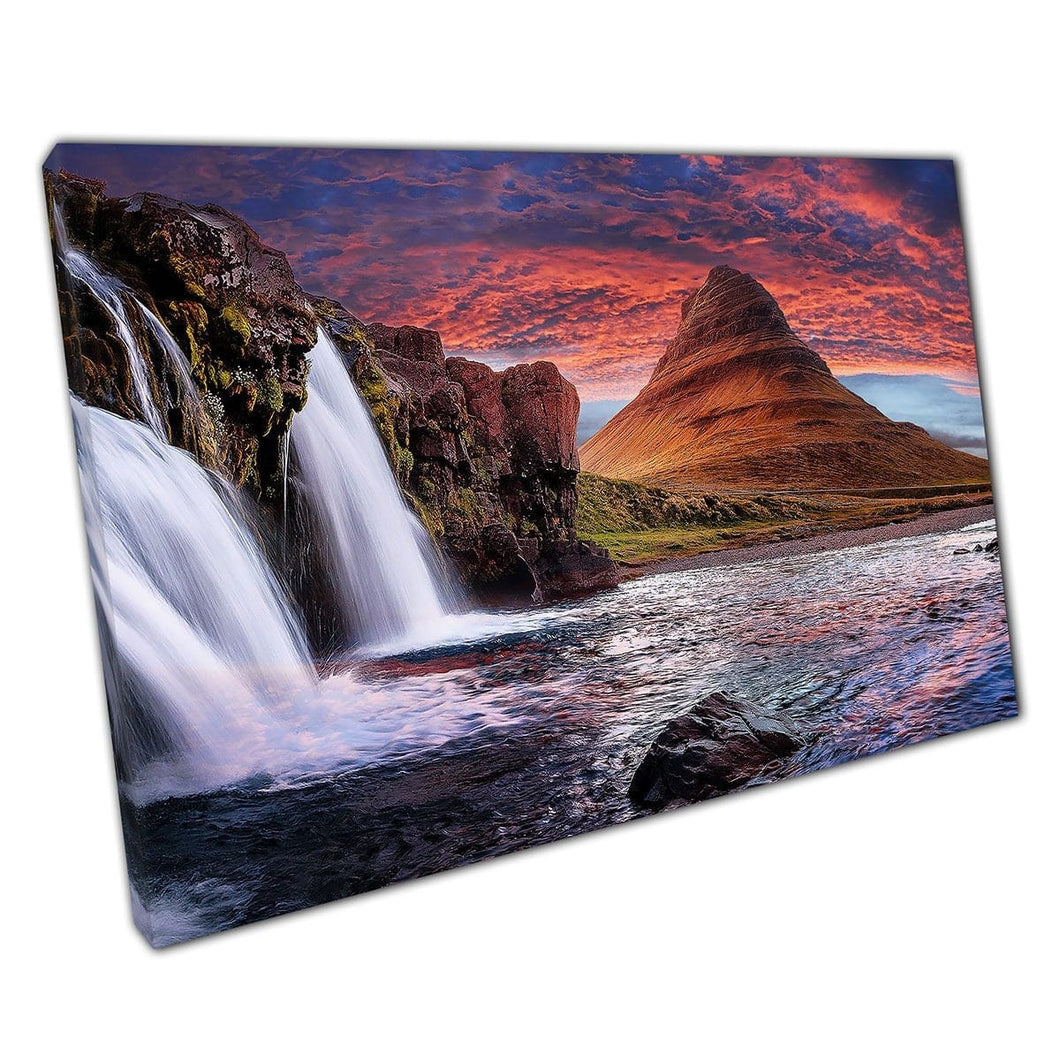 Majestic Sunset Over Kirkjufell Mountain Church Mountain And Waterfalls Iceland Wall Art Print On Canvas Mounted Canvas print