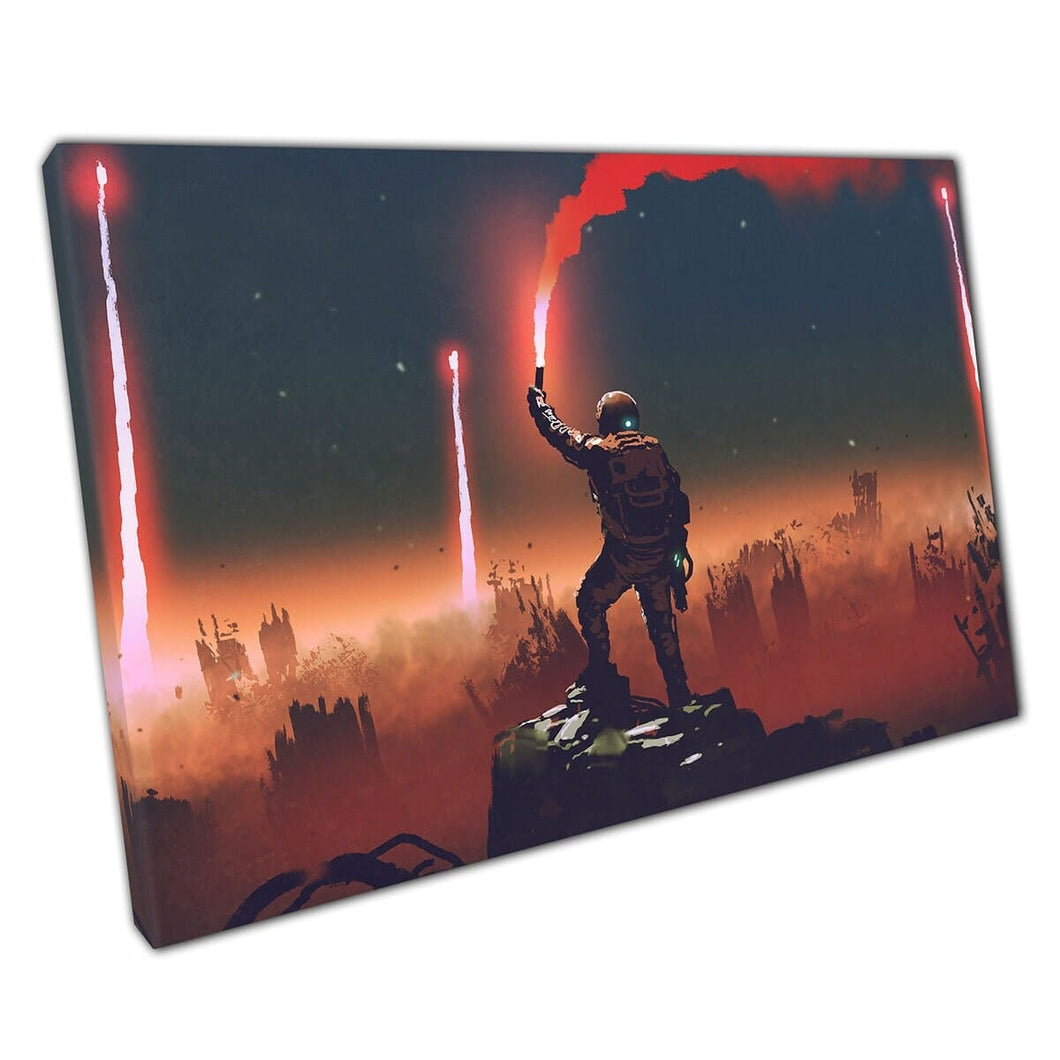 Fighter Holding A Red Smoke Flare Up To The Sky In An Apocalyptic World Fantasy Wall Art Print On Canvas Mounted Canvas print
