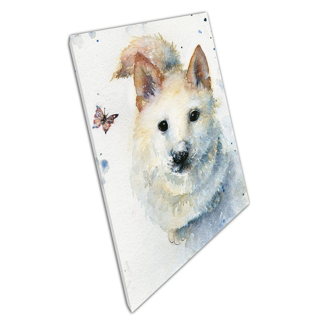 Curious Fluffy White Puppy Looking Up At Fluttering Butterfly Painting Wall Art Print On Canvas Mounted Canvas print