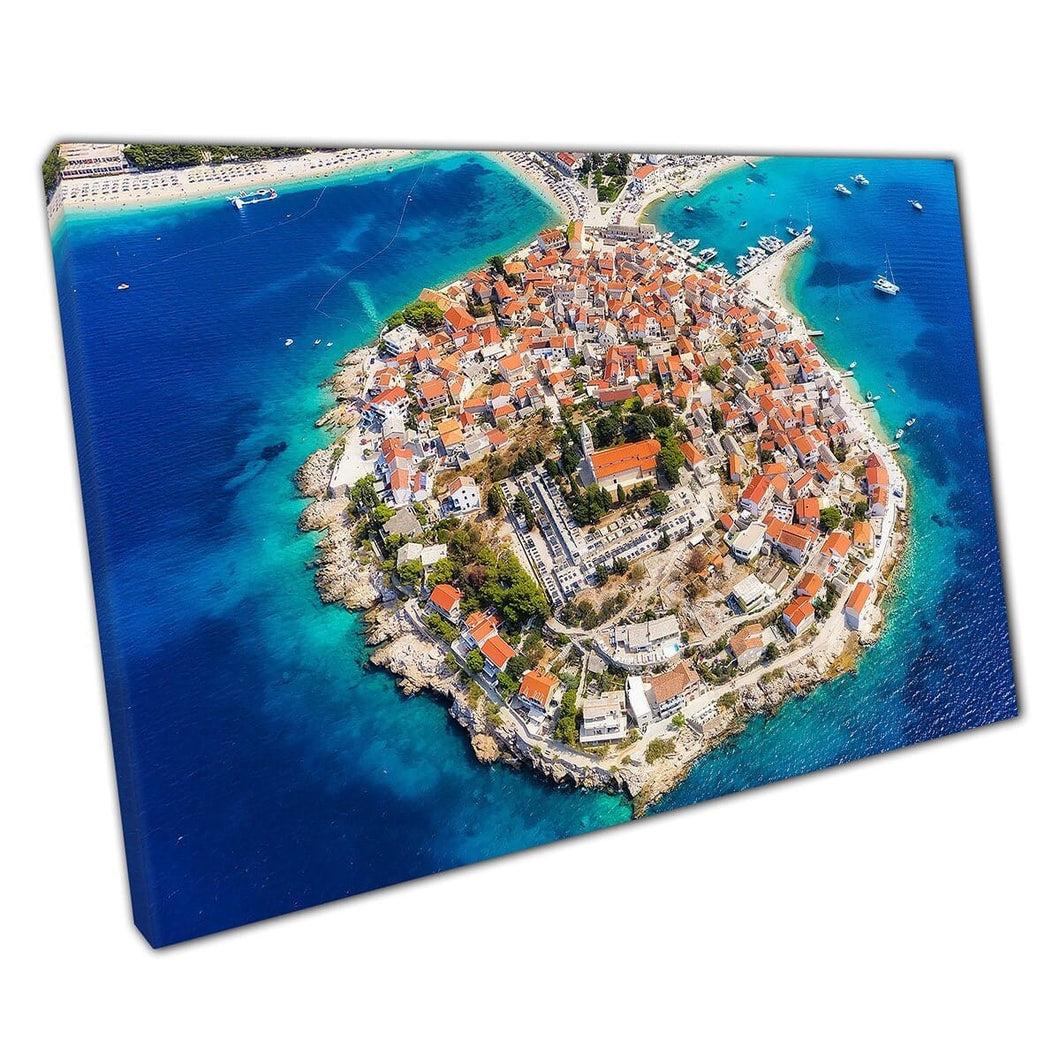 Aerial Rich Blue Seascape With A Beach Surrounded Coastal Primosten Town Croatia Wall Art Print On Canvas Mounted Canvas print