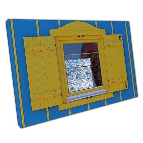 Print on Canvas Blue and Yellow Wood Caravan Window Wall Art Print Mounted Canvas print