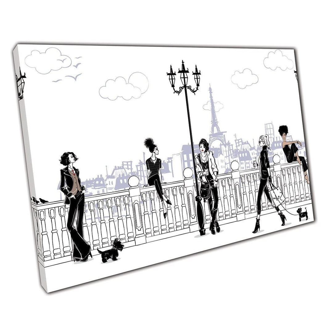 Chic Stylish Women In Paris Fashion Lifestyle Illustration Wall Art Print On Canvas Mounted Canvas print
