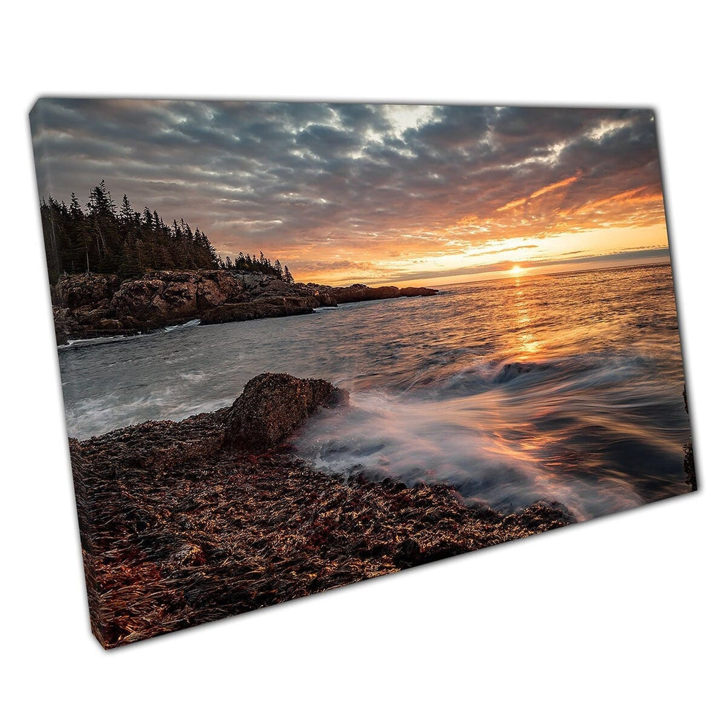 Beautiful Peaceful Long Exposure Cool Cloud Filled Sunrise Acadia National Park Wall Art Print On Canvas Mounted Canvas print