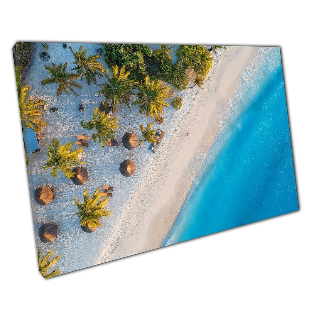 Aerial View Of Beach With Umbrellas And Palm Trees Tropical Holiday Destination Wall Art Print On Canvas Mounted Canvas print