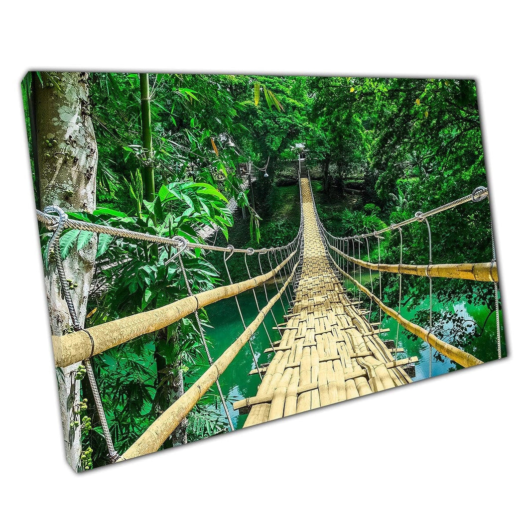 Weaved Bamboo Hanging Bridge Over Tropical River And Forest Bohol Philippines Asia Wall Art Print On Canvas Mounted Canvas print