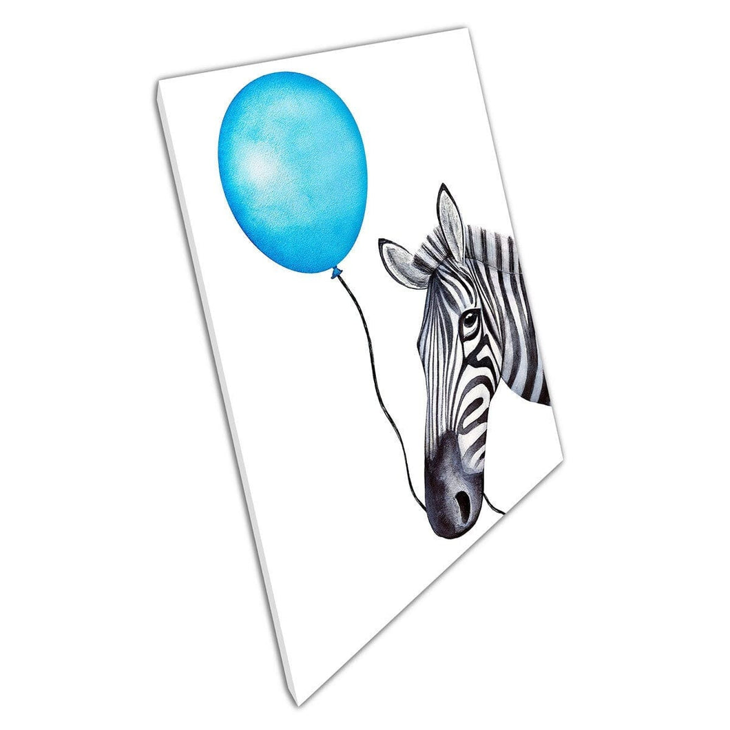 Caranto personaggio zebra divertente che tiene in mano un palloncino blu celebrazione della carta artistica da parete ad acquerello su tela di tela stampata stampata